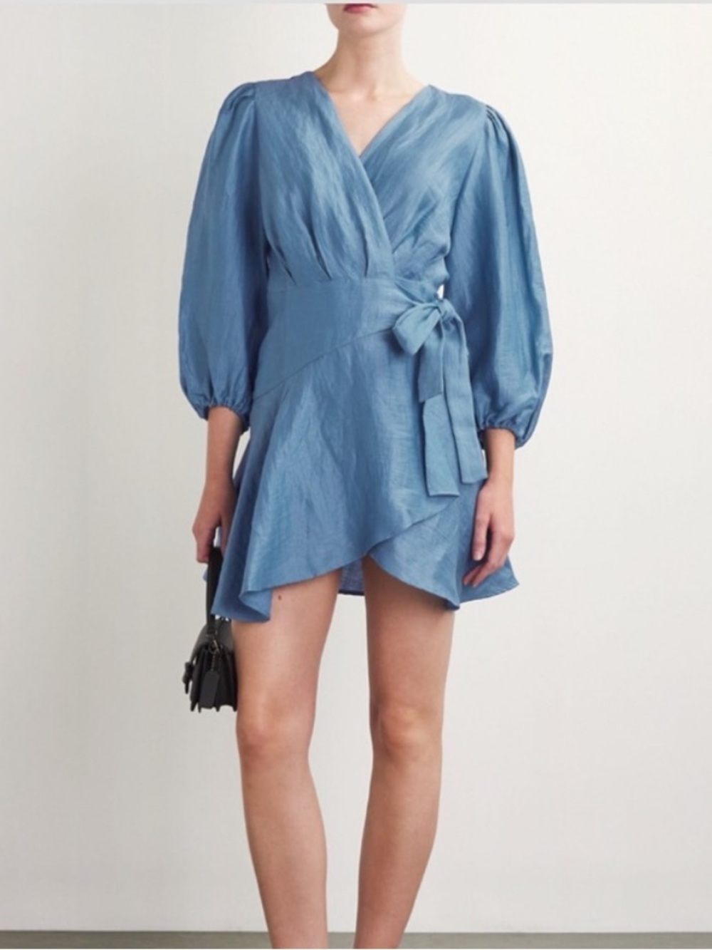 Maje Light Blue Linen Blend Wrap Mini Dress with Puff Sleeves | 36